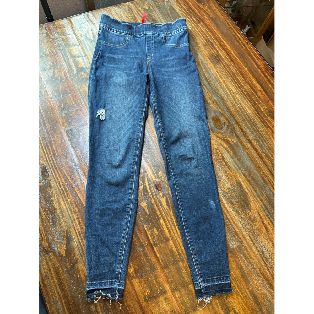 Spanx Jean-ish Skinny Leggings Dark Indigo Distressed Raw Hem Womens Small S/P
